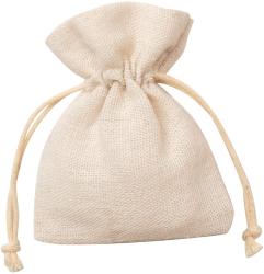 Sechs beige Stoffbeutel in verschiedenen Größen. Mit Kordelzug zum Verschließen.