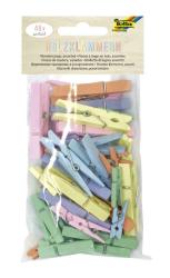 Packung mit 48 bunten Holzklammern. Farben sind pastellartig, verschiedene Formen.