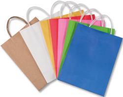 Mehrere bunte Papiertüten. Farben: braun, weiß, gelb, rot, pink, grün, blau. Mit Tragegriffen.