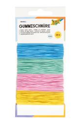 Packung mit Gummischnüren in Pastellfarben. Vier Farben: Blau, Grün, Pink, Gelb. Jede Schnur ist 5 Meter lang. Insgesamt 20 Meter.