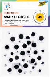 Packung mit 40 Wackelaugen in verschiedenen Größen. Runde Form, schwarze Mitte auf transparentem Hintergrund. Selbstklebend.