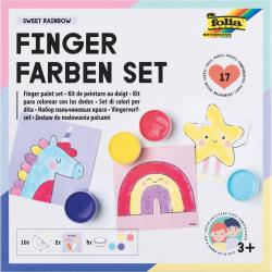 Fingerfarben-Set mit fünf Farbtöpfen. Farben: rot, gelb, blau, lila, pink. Enthält drei Bilder zum Ausmalen: Ein Einhorn, ein Regenbogen und einen Stern. Geeignet für Kinder ab 3 Jahren.