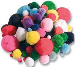 Bunte Pompons in verschiedenen Größen und Farben. Runde Formen, weich und flauschig.