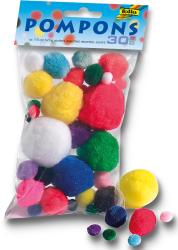 Tüte mit bunten Pompons in verschiedenen Größen. Enthält eine Mischung aus Farben und Texturen.
