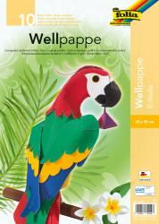 Bunte Wellpappe mit einem Papagei-Motiv. Die Farben sind rot, grün, blau und gelb.