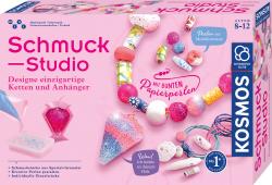 Schmuck-Set mit bunten Perlen und Anhängern. Verpackung in Pink mit verschiedenen Schmuckstücken.
