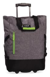 Grau-schwarze Rolltasche mit einem grünen Reißverschluss. Sie hat zwei Tragegriffe und Rollen.