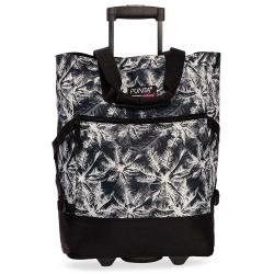 Schwarze Tasche mit Rollen und einem Muster aus weißen Palmblättern. Sie hat zwei Tragegriffe und einen Reißverschluss.