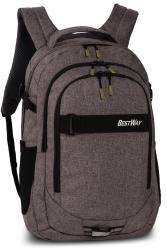 Grauer Rucksack mit mehreren Fächern und Reißverschlüssen. Ergonomische Schultergurte.