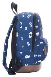 Kleiner Rucksack in dunkelblau mit weißen Augenmustern. Lederakzente an Reißverschluss und Boden.