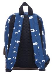 Kleiner Rucksack in dunkelblau mit weißen Augenmustern. Lederakzente an Reißverschluss und Boden.