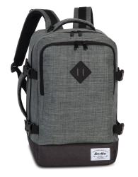 Grauer Rucksack mit zwei Schulterriemen. Die Vorderseite hat eine klare Struktur und einen schwarzen Boden.