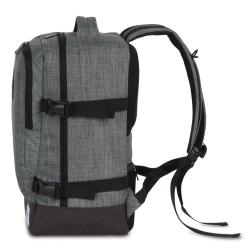 Grauer Rucksack mit zwei Schulterriemen. Die Vorderseite hat eine klare Struktur und einen schwarzen Boden.