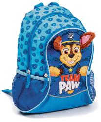 blauer Rucksack mit einem großen Motiv eines Hundes. Der Hund trägt eine Polizeimütze. Aufschrift 'TEAM PAW'. Ohr- und Felldetails aus braunem Material.