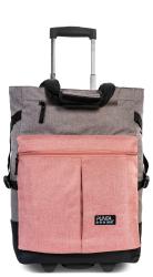Grau-rosa Reisetasche mit Teleskopgriff. Große Haupttasche und eine vordere Reißverschlusstasche.