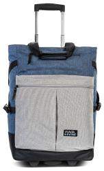 Trolley-Tasche in Blau und Grau. Mit einem ausziehbaren Griff und einer großen Fronttasche.