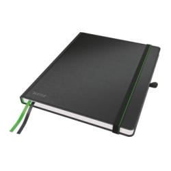 Schwarzes Notizbuch mit elastischem Verschluss. Zwei Lesezeichen in grün und schwarz.