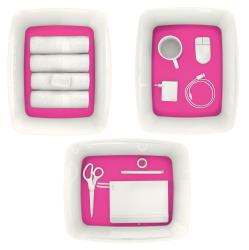 weiße Aufbewahrungsbox mit pinkem Boden. Abnehmbarer Deckel. Rechteckige Form. Innenraum in pink.