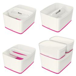 weiße Aufbewahrungsbox mit pinkem Boden. Abnehmbarer Deckel. Rechteckige Form. Innenraum in pink.