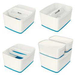 weiße Aufbewahrungsbox mit blauer Unterseite. Der Deckel ist abnehmbar.