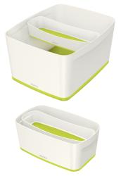 weißer Aufbewahrungskorb mit grünem Boden. Ovales Design, ideal für kleinere Gegenstände.