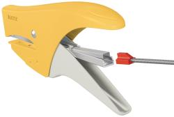 Gelber Hefter mit ergonomischem Design. Der Auslöser ist rot und die Klammeraufnahme ist sichtbar.