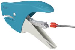 blauer Hefter mit ergonomischem Design. Roter Druckknopf zum Öffnen. Metallische Klammermechanik sichtbar.