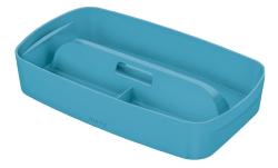blauer Stift-Organizer aus Kunststoff. Rechteckige Form mit einer Trennwand in der Mitte.