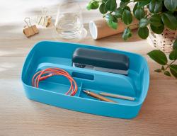 blauer Stift-Organizer aus Kunststoff. Rechteckige Form mit einer Trennwand in der Mitte.