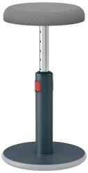 Grauer Hocker mit runder Sitzfläche. Der Standfuß ist stabil und hat einen roten Knopf zur Höhenverstellung.