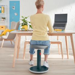 Grauer Hocker mit runder Sitzfläche. Der Standfuß ist stabil und hat einen roten Knopf zur Höhenverstellung.