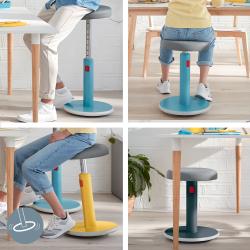 Grauer Hocker mit runder Sitzfläche. Der Standfuß ist stabil und hat einen roten Knopf zur Höhenverstellung.