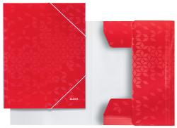 Roter Ordner mit geometrischem Muster. Gummibandverschluss auf der Seite.