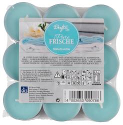 Packung mit 18 tealights in hellblauer Farbe. Duftkerzen mit frischem Aroma.