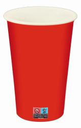 roter Becher aus Kunststoff mit hellem Rand. Einfaches, schlichtes Design.