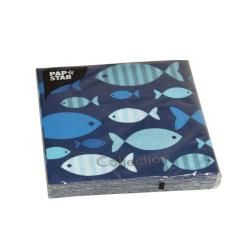 Muster mit verschiedenen Fischen in Blau- und Türkistönen. Die Fische haben unterschiedliche Formen und Streifenmuster.
