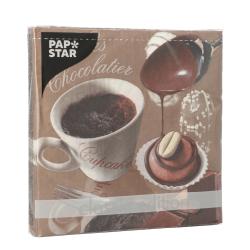 Servietten mit Schokoladenthema. Abgebildet sind eine Tasse, Cupcakes und Schokoladensauce.