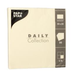 Packung mit 20 cremefarbenen Servietten. Größe 32 x 32 cm, einfache und elegante Gestaltung.