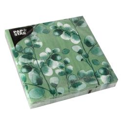 Grüne Servietten mit floralem Muster in Weiß und verschiedenen Grüntönen. Verpackt in quadratischer Form.