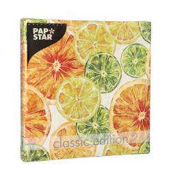 Servietten mit bunten Zitrusfrüchten in orange, gelb und grün. Das Design ist fröhlich und sommerlich.