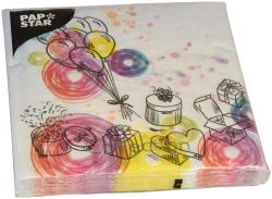 Papierserviette mit bunten Luftballons und Geschenken. Zeichnungen auf weißem Hintergrund.