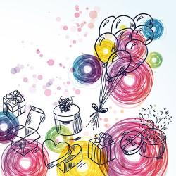 Papierserviette mit bunten Luftballons und Geschenken. Zeichnungen auf weißem Hintergrund.