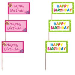 Vier bunte Schilder mit dem Text 'Happy Birthday'. Zwei pinke und zwei grüne Schilder.