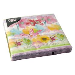 Servietten mit buntem Blumen- und Schmetterlingsdesign. Verpackung in quadratischer Form.
