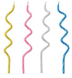 12 bunte Geburtstagskerzen in Spiralform. Farben: pink, gelb, blau und weiß.