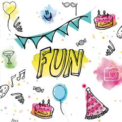 Papierservietten mit buntem, fröhlichem Design. Motive: Musiknoten, Getränke, Süßigkeiten, Partykappen. Schriftzug 'FUN' in gelb.