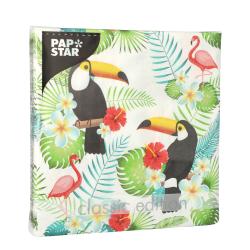 Papierservietten mit buntem tropischem Design. Abgebildet sind Tukanvögel, Flamingos und Blumen.