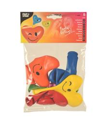 Sechs bunte Luftballons in Herzform mit lächelnden Gesichtern. Farben sind rot, blau, gelb und grün.