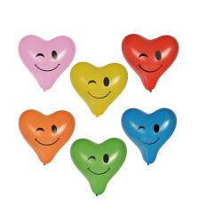 Sechs bunte Luftballons in Herzform mit lächelnden Gesichtern. Farben sind rot, blau, gelb und grün.
