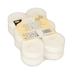 Packung mit 12 weißen Teelichtern. Runde Form, transparentes Plastikgehäuse. Geeignet für Dekoration und stimmungsvolles Licht.